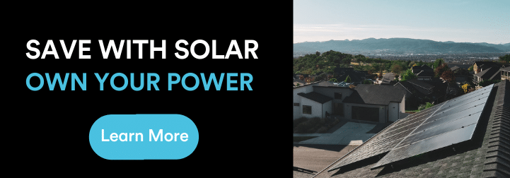 Next to an aerial photo of a roof with solar in front of a background of an Oregon valley and bright sunshine, we see a black background with the words "Save with Solar, Own Your Power" above a bright blue button with the words "Learn More.