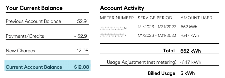 On a white background, in black text we see an example of an electric power bill. The total charge owed that month is highlighted in bright blue.