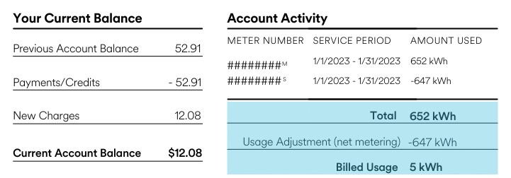 On a white background, in black text we see an electric bill. The section showing that month's usage and charges is highlighted in bright blue.