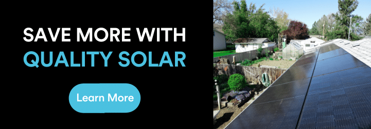 Next to an aerial view of a solar panel array installed on a roof, we see a black background with the words "Save More with Quality Solar" in white and bright blue text. Beneath the words is a bright blue button with the words "learn more" in white.