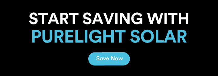 On a black background we see the words "start saving with purelight solar" in white and bright blue. Below the words is a blue oval button with the words "save now" in white.