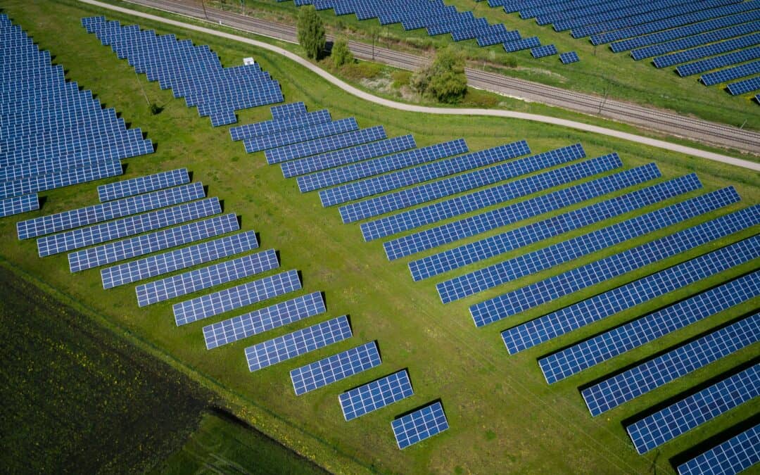 A solar farm built on top of a green landscape